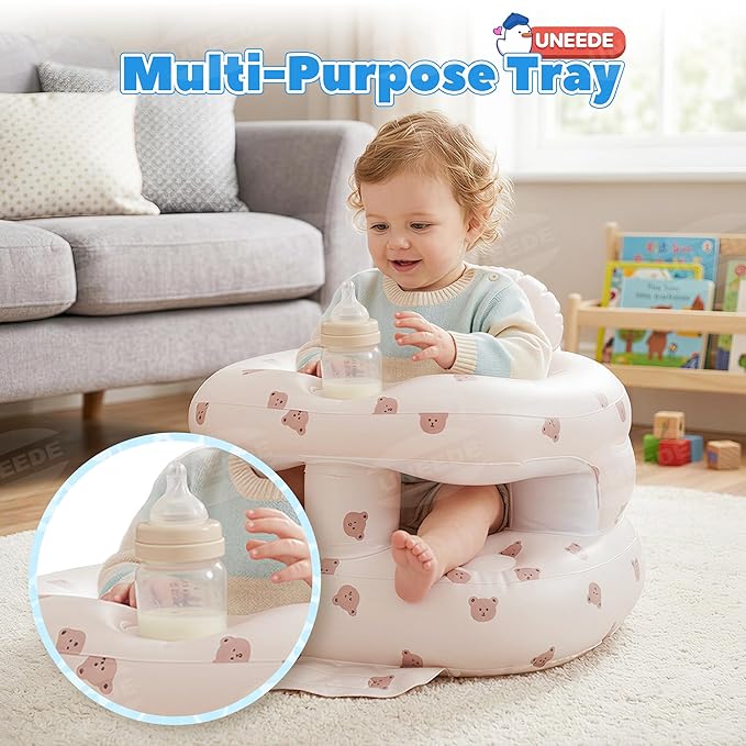 UNEEDE Inflatable Baby Seat for 3 Months & up, Infant Floor Baby Chair with Fence & Built in Air Pump, Lightweight Travel Baby Bath Seat for Home, Camping, Beach & Outdoor