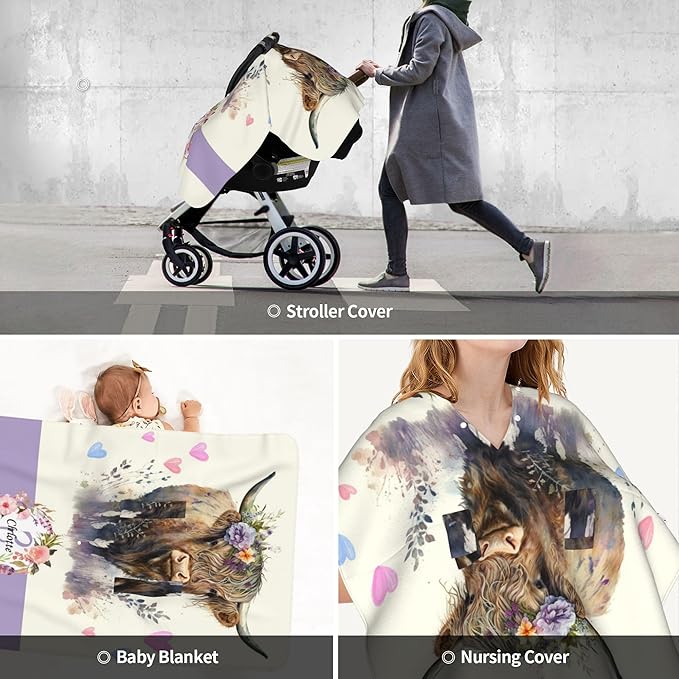 Personalized Winter Carseat Cover for Baby Custom Name Car Seat Canopy for Newborn Baby Boys Girls 2 in 1 Mom Nursing Breastfeeding Covers Highland Cow Minky Baby Carrier Stroller Covers