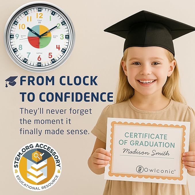 OWLCONIC Clock for Kids – Educational Analog Learning Wall Clock, Non Ticking Teaching Clock for Classroom & Homeschool, Silent Kids Bedroom Décor Multicolor