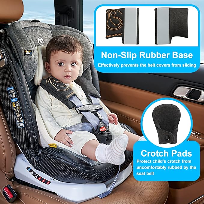 Innokids Car Seat Strap Cover Set for Baby Kids Seat Belt Covers with Crotch Pad Back Anti-Slip Design for Car Seats Pushchair Stroller (Medium (5.9”L), Black Grey)
