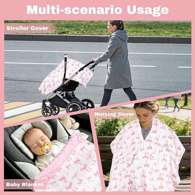 Baby Car Seat Cover, Minky Carseat Cover Baby Girl, Peekaboo Opening Infant Car Seat Cover, Warm Baby Car Seat Canopy for Winter, Pink Bow