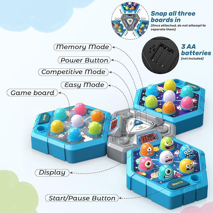 Whack Game Mole, Game 3+ Year Old, 3 Year Old Boy, 4 Year Old Toy, Gift for 3 Year Old, Boys Toys Age 4-6, 3-Players Whack Toy with 3 Modes, 7 Speeds, Light&Sounds, Birthday Gift for Todder(Blue)