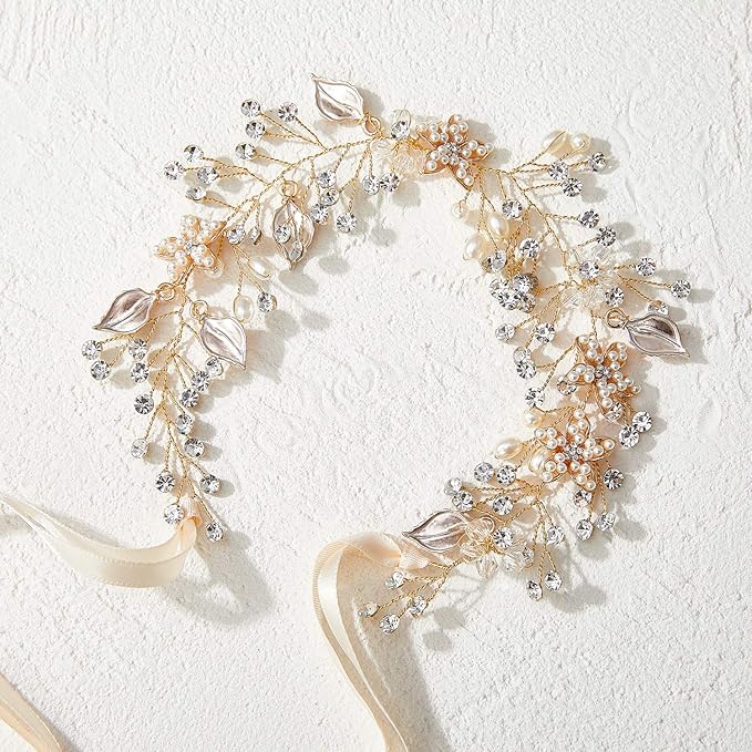 SWEETV Flower Girl Headband for Wedding, Baby Girl Flower Pearl Hair Piece, Gold Headpiece for Birthday Party, Photography