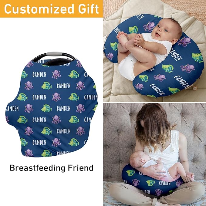 Custom Name Car Seat Canopy - Baby Car Seat Covers, Blue Octopus Print Infant Stroller Cover, Carseat Canopy Christmas Birthday Gifts for Girls and Boys(27"x29")