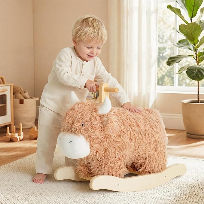 Baby Rocking Horse for 1 Year Old,Wooden Cow/Yak Horse Rocking with Wicker Plush Wooden Ride On Toy for 2 Years Old Girl&Boy Nursery Birthday Gift