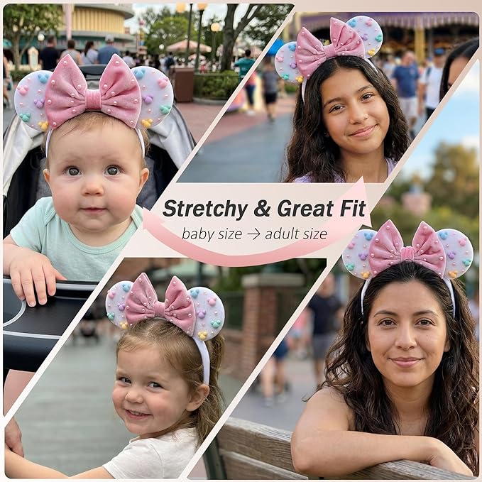 zhezesmila Adjustable Mouse Ears Headband Elastic Candy Velvet Ears with Pearls for Baby Girls, Toddlers and Women