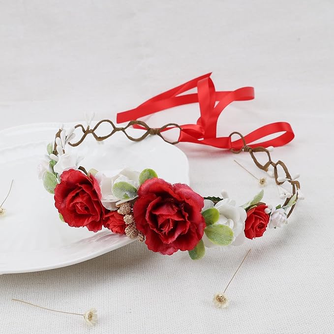 Flower Girl Flower Crown Pink Baby Girls Floral Headpieces Kids Headband Children Hair Wreath Photo Prop (Dark Red-Child Size)
