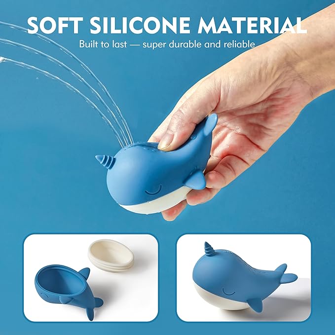 MarcZero Ocean Silicone Bath Toys 8Pcs for Toddlers Kids Babies,Bathtub Water Toys,Soft Squeezable Easy-Grip Pool Toys Set (Blue)