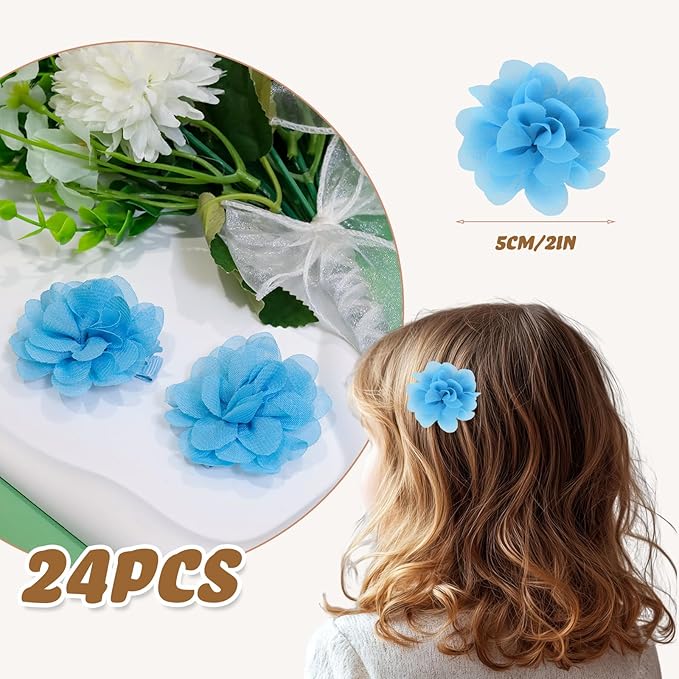 24 PCS 2" Chiffon Flower Hair Bows Clips Artificial Fabric Flower Tiny Baby Hair Clips Fine Accessories for Women Girls Kids (Light blue)