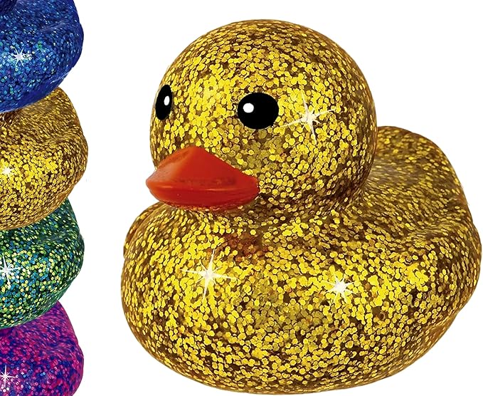 Glitter Rubber Ducks Metallic Colors 3" (1 Unit Assorted) Rubber Duckies Fidget Toy for Kids, Sensory Play, Stress Relief, Stocking Stuffers, Supplies Pinata Filler in Bulk. Plus Sticker. 4343-1