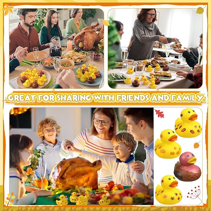 Jerify Thanksgiving Rubber Ducks 2 Inch Fall Rubber Duck with Turkey Leaf Pumpkin Nut Patterns Small Ducks Bathtub Bathing for Holiday Autumn Table Centerpiece Party Supplies, 4 Styles(48 Pcs)
