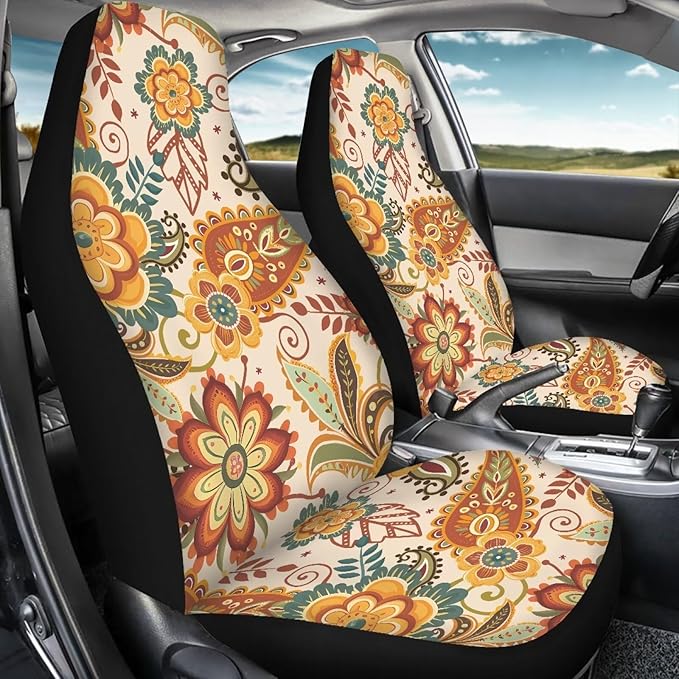 Boho Floral Car Seat Covers 2 Pcs Stretch Polyester Fabric Cover Waterproof Car Seat Cover Easy Installation Universal Size Fit for Most Cars SUVs Trucks Vans