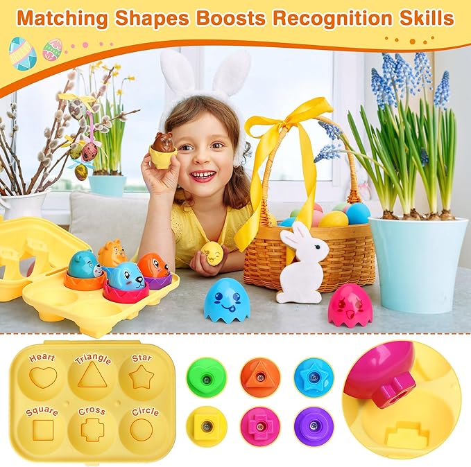 MOONTOY Matching Eggs Toy for Toddlers 1-3, Montessori Geometric Eggs Set, Easter Basket Stuffers for Toddlers, Educational Shape & Color Sorting Toys for 1 2 3 Year Old Girl Boy Baby