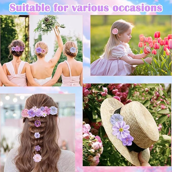 20 Pack Flower Hair Clip Rose Hair Clips Barrettes for Women Flower Accessories Boho Bride Claw Clip Hairpin Brooch Pin Headpiece for Girls Wedding (Purple)