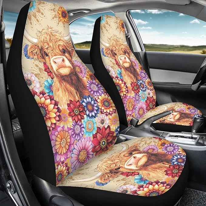 Highland Cow Flower Waterproof Car Seat Cover Universal Front Car Seats Easy to Install Breathable Front Seat Cover Universal for Auto Truck Van SUV 2 Pcs