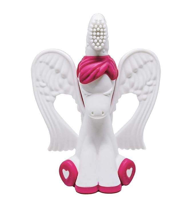 Baby Banana® Unicorn Toothbrush and Teether. Butter Soft Food Grade Bendable silcone with Feather bistles to gnaw on for All Baby Ages. Family-Owned Business.