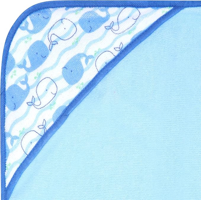 Buttons & Stitches Boy's 3-Pack Blue Whale Hooded Baby Towels, 26x30 Inches