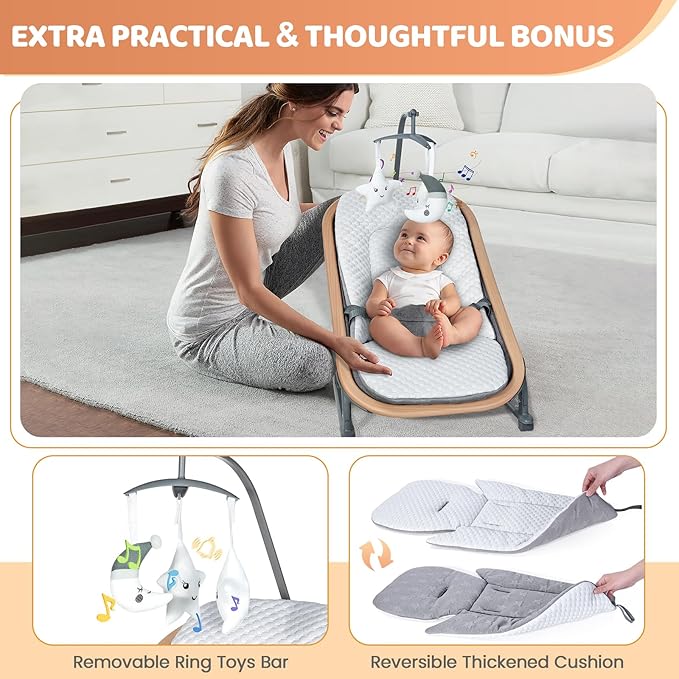 Orzbow 2-in-1 Baby Bouncer, Portable Bouncer Seat for Infant to Toddler with Removable Cushion, Angle Adjustable, 0-9 Months Up to 21lbs, Ergonomic Design, Classic Grey