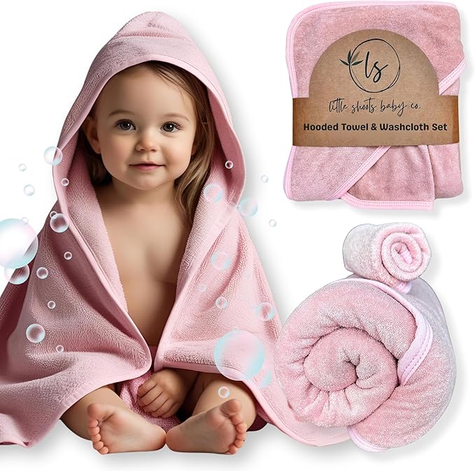 Hooded Baby Toddler Towel and Washcloth Set Made with Viscose from Bamboo, Large Size of 35" x 35", Soft and Absorbent, Baby Essential in Rose