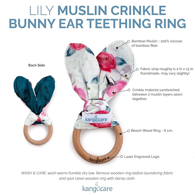 Kanga Care Baby Soft Muslin Sensory Crinkle Bunny Ear Wood Teething Ring - Lily Flowers