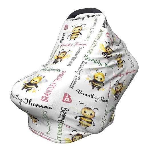 Personalized Baby Car Seat Cover with Name Stroller Canopy Custom Bee Carseat Cover Newborn Baby Boy Girl Nursing Cover for Moms First Birthday Gift