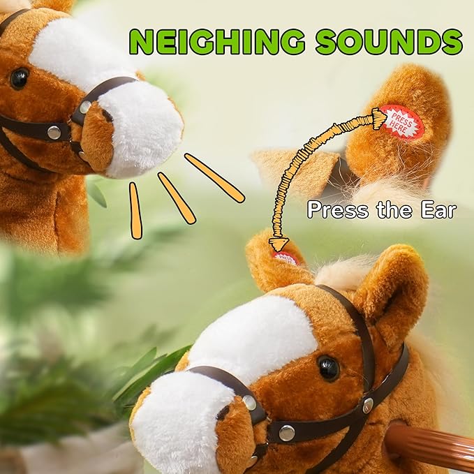 Qaba Ride on Horse, Walking Horse Toy, Kids Plush Riding Horse, Pony with Wheels & Neighing Sound for 3-5 Years Old up to 132 Pounds, Brown