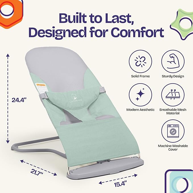 ComfyBumpy Ergonomic Baby Bouncer Seat - Bonus Travel Carry Case - Safe, Portable Bouncing Chair with Adjustable Height Positions - Infant Bouncy Seat Perfect for Newborn Babies (Green)