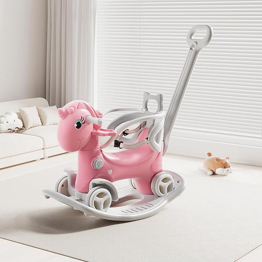 Leavader Rocking Horse for Toddlers, Multifunctional 4 in 1 Design Kids Rocking Horse, Toddler Ride on Toys, Balance Bike, Push Cart with Detachable Board, Ideal Gift for Children (Pink - XL)