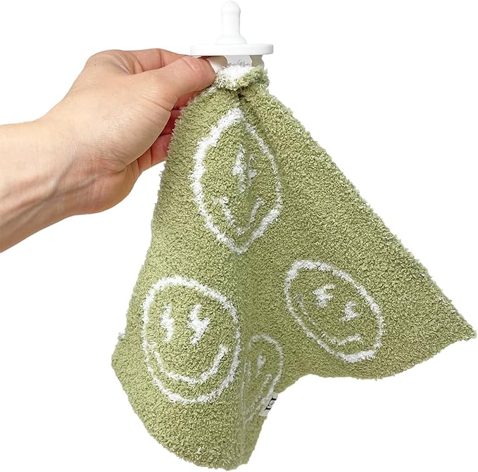 L+L USA Smiley Face Baby Lovey Pacifier/Teether Holder 10"x10" - DreamSoft Plush Fluffy Cuddly Soothie Reversible Mini Comfort Blanket Cute Newborn Gift Essential Babies Boys Girls (Sage Green/White)