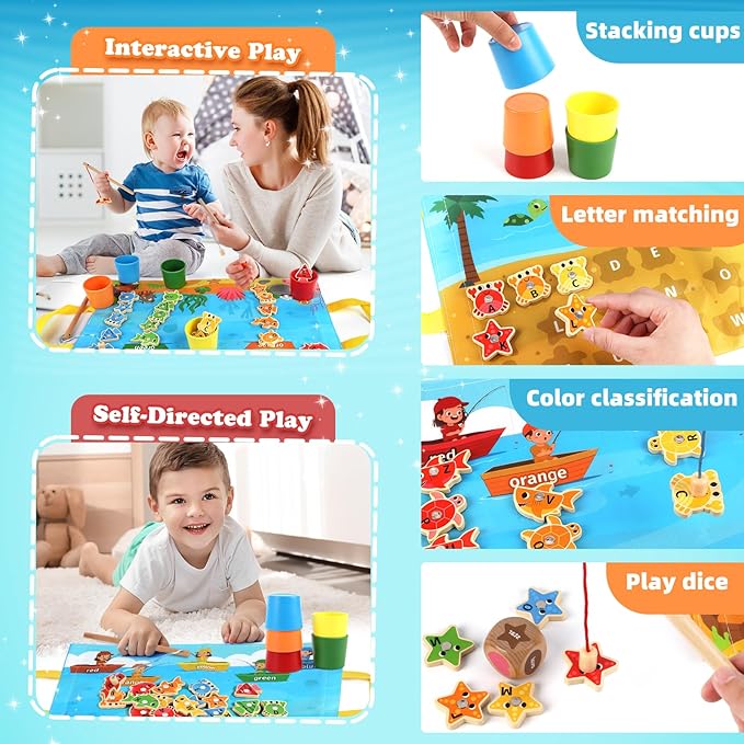 Wooden Toddler Toys Fishing Game: Montessori Sensory Toys for 1 2 3 Year Old Boys Girls - Birthday Baby Gifts for 1 2 3 Year Olds - Color Sorting Shape Learning for Kids