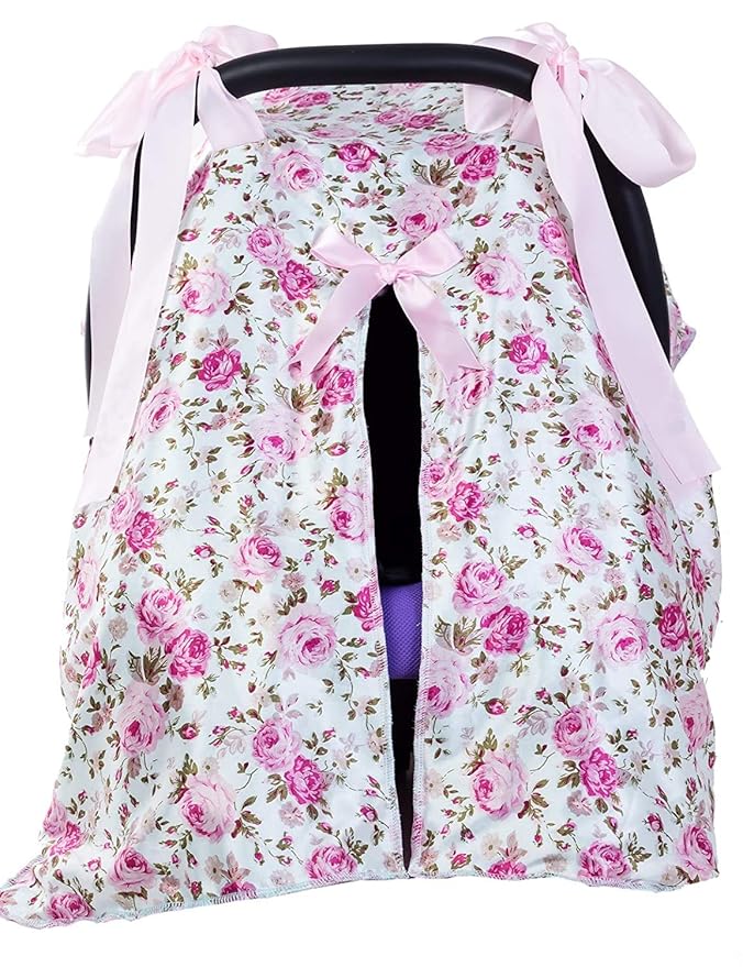 Multi-Use Baby Car Seat Covers Canopies and Breastfeeding Moms Nursing Covers Scarf, Stroller,Shopping Cart Covers, for Baby Shower Gift Pink Rose Flowers
