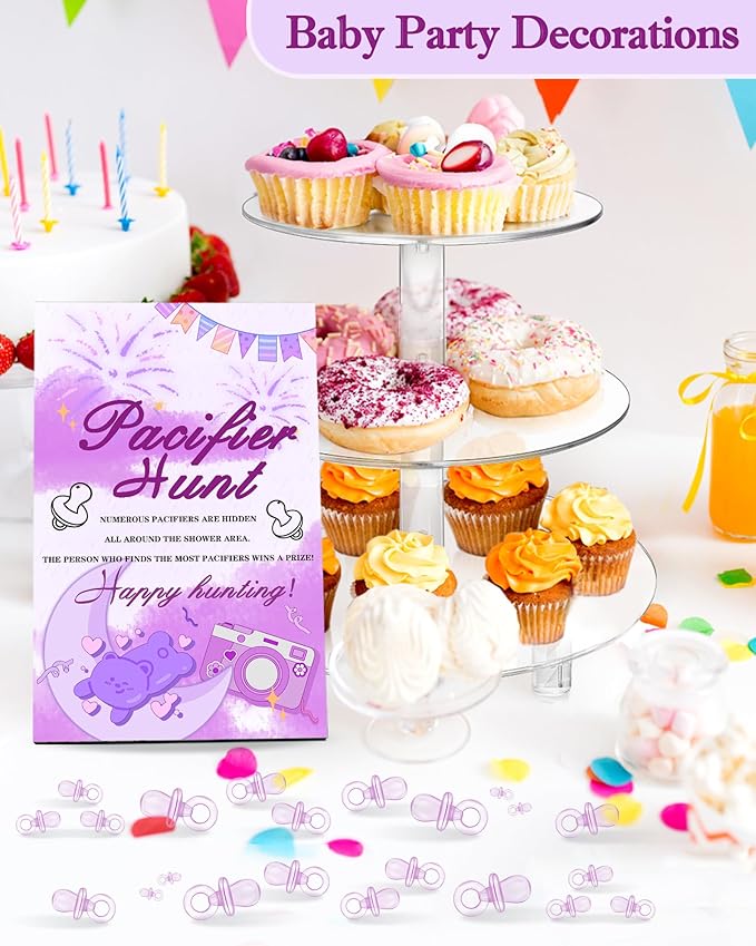 Baby Shower Games, Baby Shower Decorations, 1 Baby Pacifier Hunt Sign and 50 Acrylic Pacifiers for Gender Reveal Games (Purple)