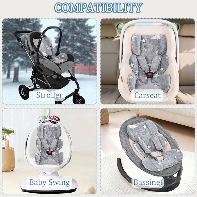Infant Car Seat Insert Boys Girls, Soft Flannel Baby Head Support & 2 Strap Pads, Preemie Newborn Carseat Cushion Reversible & All Season for Stroller, Baby Swing, Rocker, Bassinets, Bouncer Gray Star