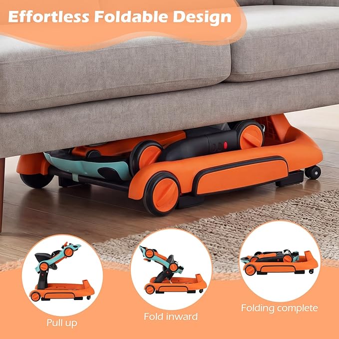 INFANS 6-in-1 Foldable Baby Walker, Converts Push Car to Bouncer, Rocker with Music, Lights, Adjustable Height & Speed, Activity Center, Canopy for 7-18 Months (Orange)