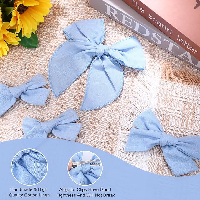 4 Pcs Blue Hair Bow, Cotton Linen Hair Bows, Girls Bows for Hair, Toddler Hair Accessories, Alligator Clips Knot Hair Bows for Girls, Light Blue Bow, 3 Styles & 3 Sizes
