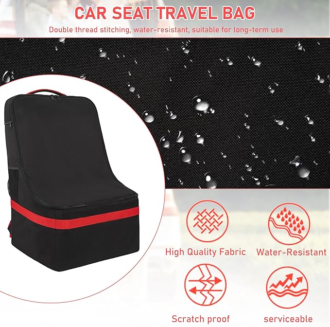 IBVIVIC Padded Car Seat Travel Bag for Airplane, Heavy Duty Car Seat Bag for Air Travel Gate Check Carseat Carrier Bag with Shoulder Strap, Fits Most Baby & Infant Car Seats (Black&Red)