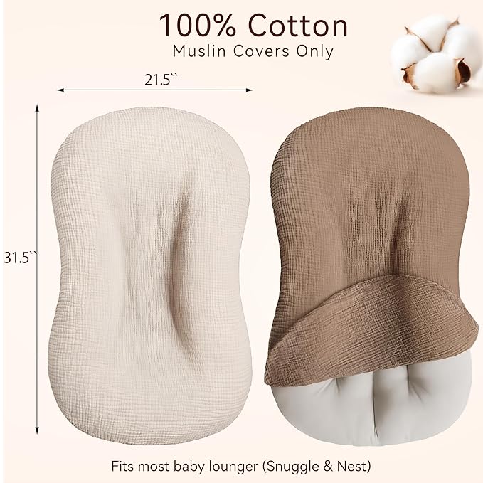 Muslin Baby Lounger Cover 2 Pack, Cotton Soft Breathable Infant Nest Slipcovers, Envelope Closure, Compatible with Snuggle Me Loungers, Machine Washable, Cover Only, for Boys Girls(Brown & Beige)