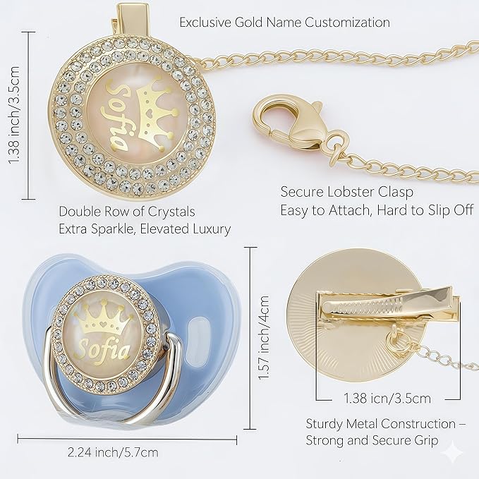 Personalized Name Bling Rose Gold Pacifier and Clip Set Ideal Gift for Baby Shower New Born Photoshoot & Keepsake (Light Blue)