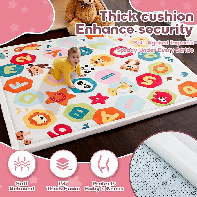 RONGFA Baby Play Mat for Floor,1.3" Thick Elasti-Foam Playpen Mat for Tummy Time, Easy Care with Non-Slip Cushioned for Infant,Kids and Toddler Crawling