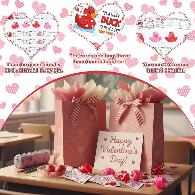 24 Pcs Valentine's Day Rubber Ducks 1.96 Inch Rubber Ducks with Valentine's Day Cards Pink Red Bath Duck Toys for Valentines Gifts Classroom Exchanges Prize Pool Bathtub Party Favors
