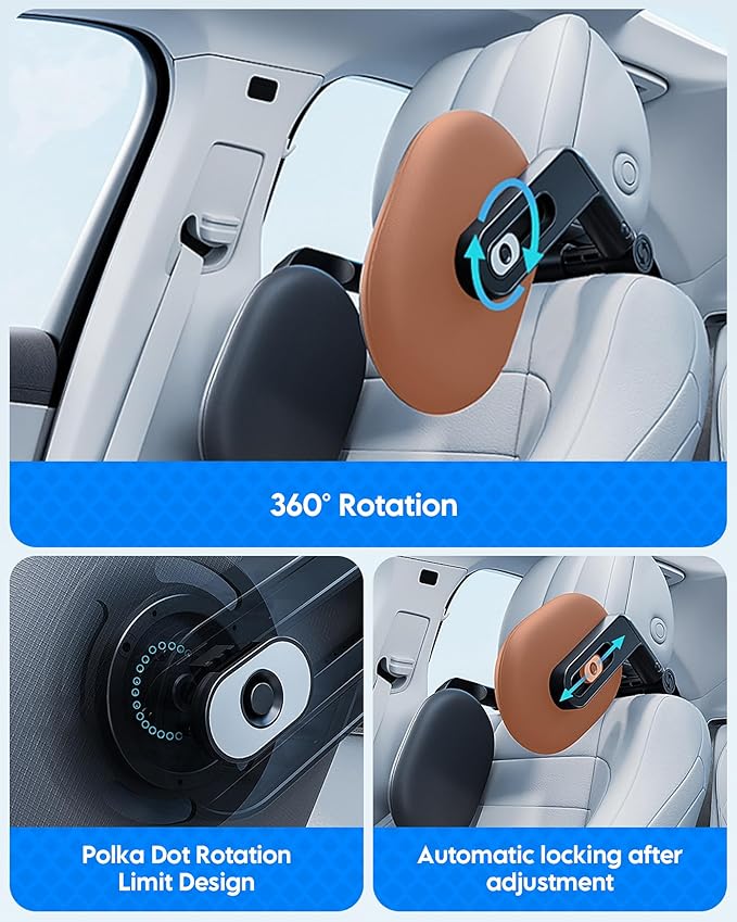 RunSnail Car Headrest Pillow, 2025 Upgrade 360° Rotating Travel Headrest, 3-Point Linkage Adjustable, Thickened Breathable Memory Foam Headrest, Travel Car Sleeping Pillow for Kids, Adults