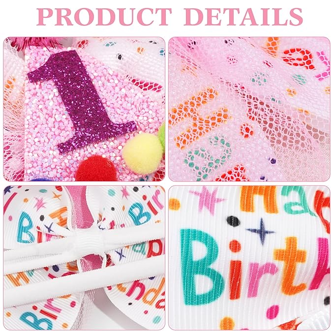 Baby Girls Pink Birthday Hair Bow Clip 1 2 3 4 5 6 Years Sprinkle Tulle Decorations Confetti Ice Cream Party Pink Hair Accessories for 1st Birthday
