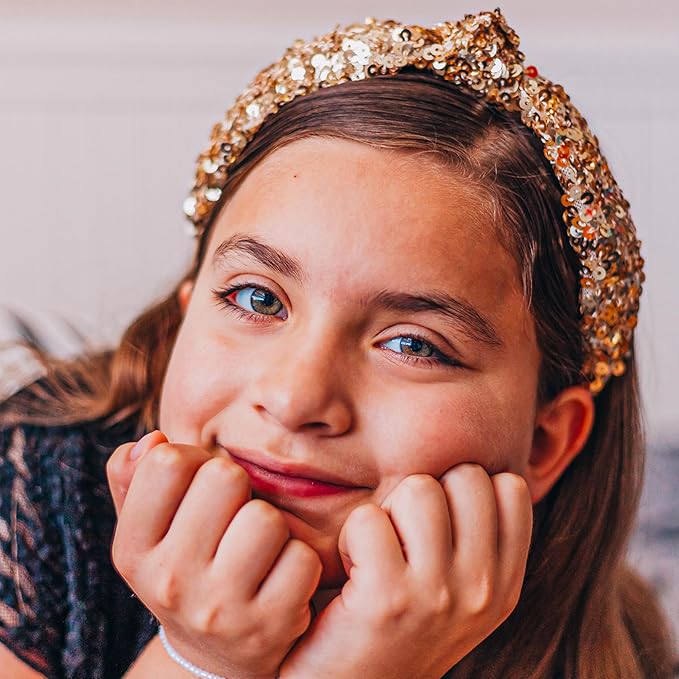 FROG SAC Sequin Knot Headband for Girls - Gold Knotted Head Bands for Kids, Sparkly Little Girl Headbands, Cute Tween Beaded Hair Band Accessories, Easter Basket Fillers Stocking Stuffers