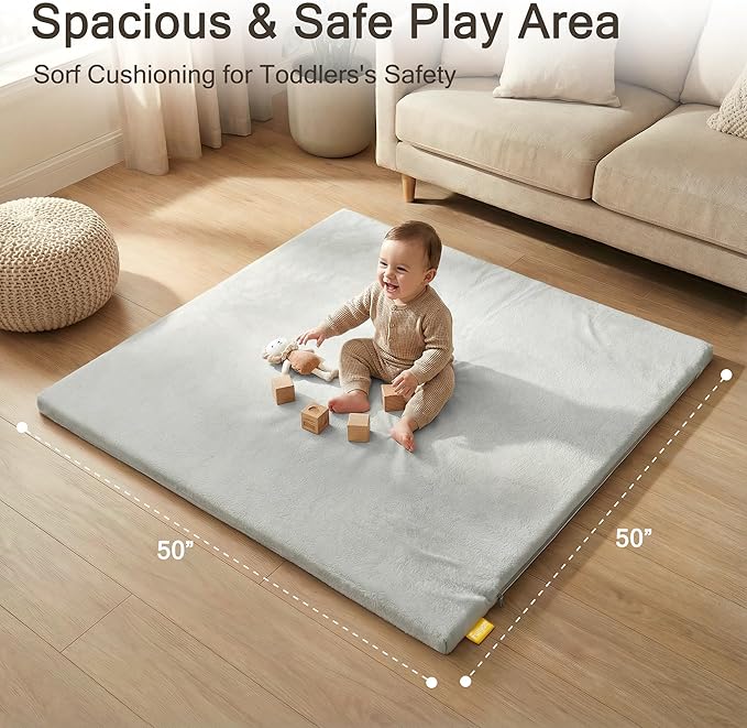 50" ×50" Padded Baby Play Mat for Floor, 1.2" Thick Machine Washable Foam Playmat, Soft Tummy Time Crawling Playpen Mat with Non-Slip Bottom, Fits 50" x50" Playpens
