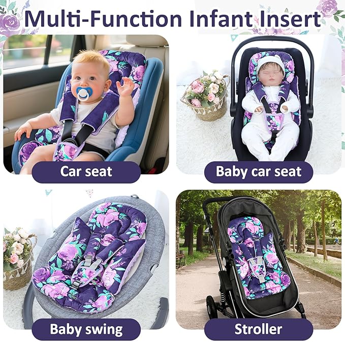 TANOFAR Car Seat Head Support Baby - Infant Car Seat Insert for Newborn Girls Boys - Soft Carseat Head Support for Infant - Newborn Carseat Insert for Car Seats, Strollers, Swings (Purple Floral)