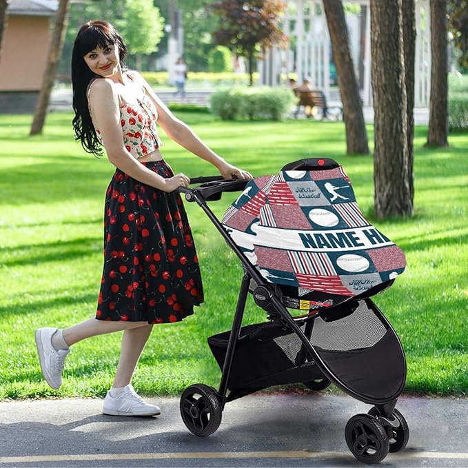 Personalized Baseball Sports Baby Car Seat Cover for Babies with Name, Custom Plaid Design Baby Car Seats Canopy for Boys, Nursing Breastfeeding Stroller Covers Infant Car Seat Blanket for Newborn
