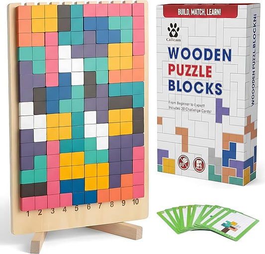 Cateam Wooden Montessori Brain Blocks Russian Blocks Style Puzzle - 3D Geometric Stacking Game with 10 Challenge Cards - Educational STEM Toy for Toddlers & Kids Ages 3-5 - Tangram Logic Gift