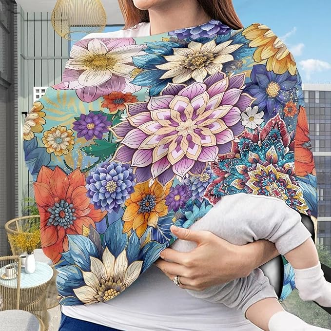 Mandala Flower Car Seat Covers Multi-Purpose Decorative Pram Dust Protector Breastfeeding Scarf Durable Stroller Canopy Covers Washable Breastfeeding Shawl