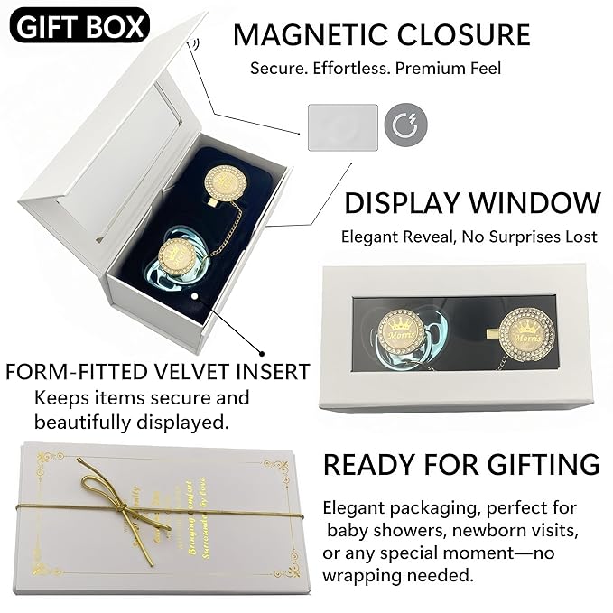 Personalized Bling Pacifier Box and Pacifier Set Unique Gift to New Bron Baby Baby Shower Gift (Gold Blue)
