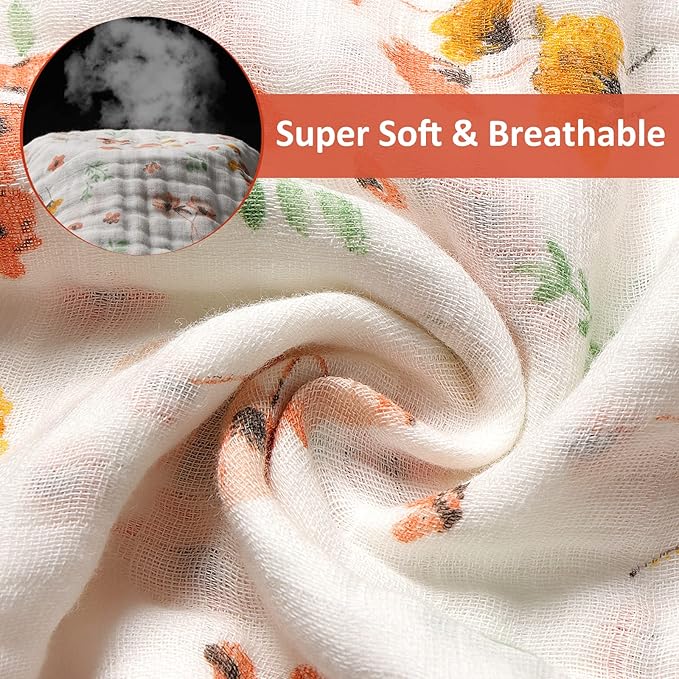Baby Muslin Burp Cloths, 100% Cotton Burping Cloths Super Absorbent Soft, Bath Towel Burp Cloths for Baby Girl Boy, Great Gift for Newborn, 10 x 20 inch, 4 Pack, Leaves & Flowers
